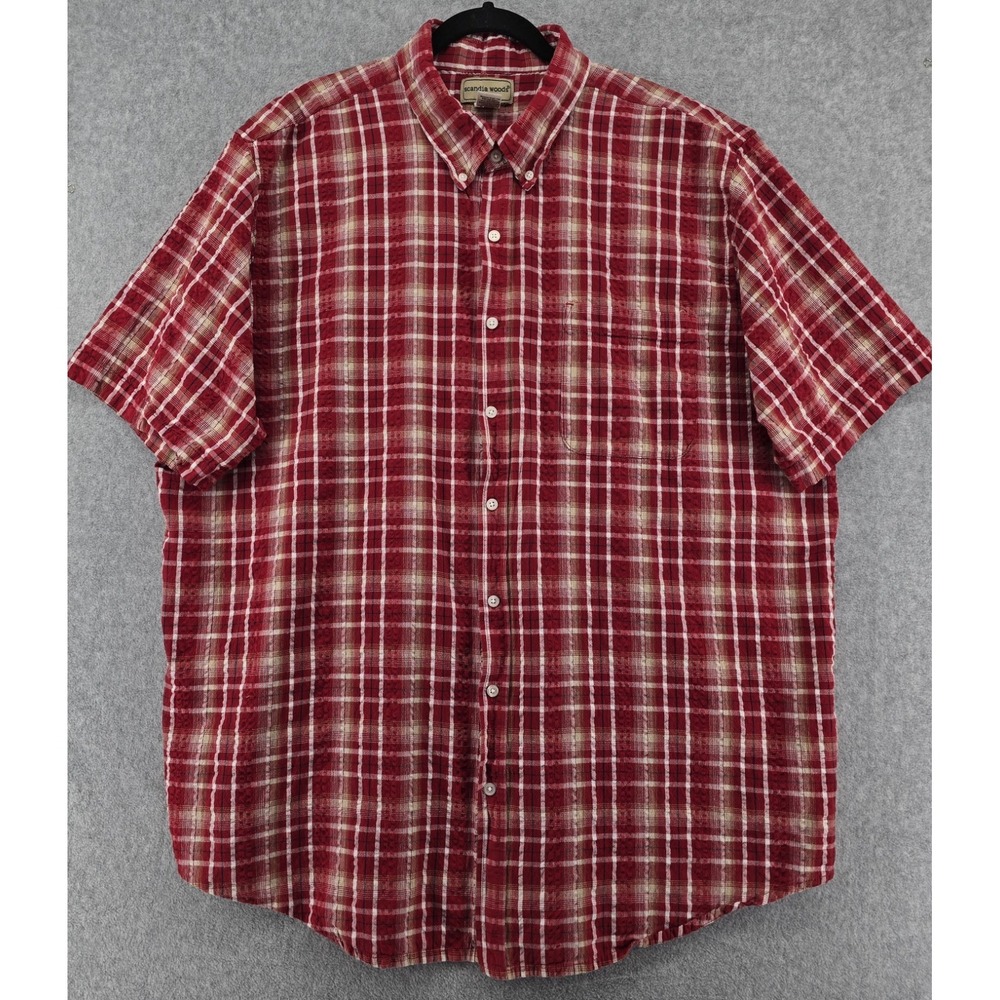 2 Vtg Scandia Woods Men's Plaid Button Down SS Shirts Sz 3XL Red Blue Seersucker - Picture 2 of 10